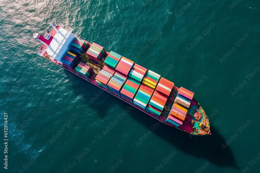 Fototapeta premium Global logistics, container ship on open sea, Top view. Generative Ai.