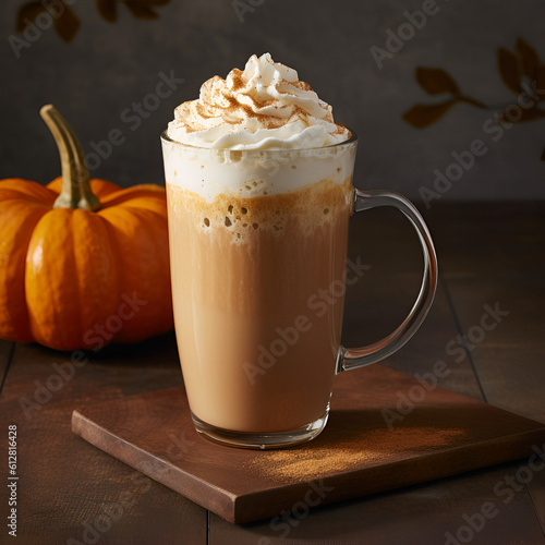 Close up of Pumpkin latte with whipped cream and cinnamon in high drinking glass over dark autumn background. A glass of creamy coffee with pumpkin and spices on wooden board. Generative AI