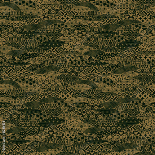 Gold traditional  Japanese fabric patchwork wallpaper vintage vector seamless  pattern