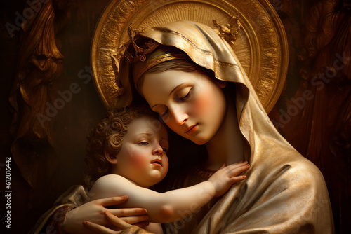 Holy Mary and baby Jesus. Generative AI