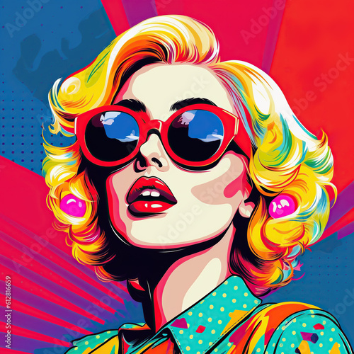Pop art retro style pretty sexy blonde young woman wearing sunglasses on vibrant colorful background. Created with generative Ai