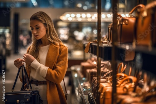 A shopper browsing through a high - end department store, admiring the beautifully displayed luxury items. Generative AI