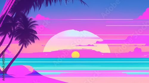 Vaporwave Sunset Beach Landscape