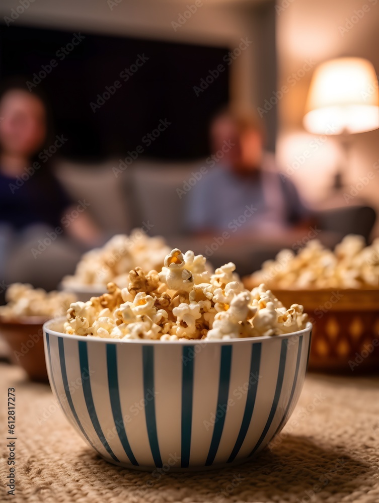 a family enjoying a movie while eating popcorn at a table. Generative AI a family enjoying a movie while eating popcorn at a table. Generative AI