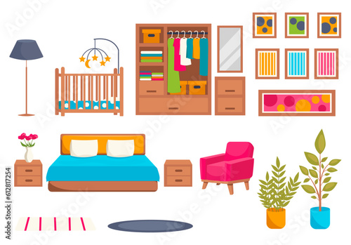 Set of furniture and interior items. Bedroom. Vector graphic on a white background. © Anastasiia Diubua