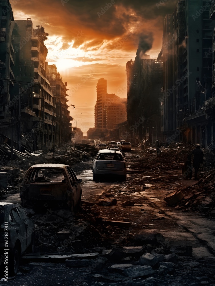 A demolished cityscape with ruins of war, in the style of post-apocalyptic art. Generative AI