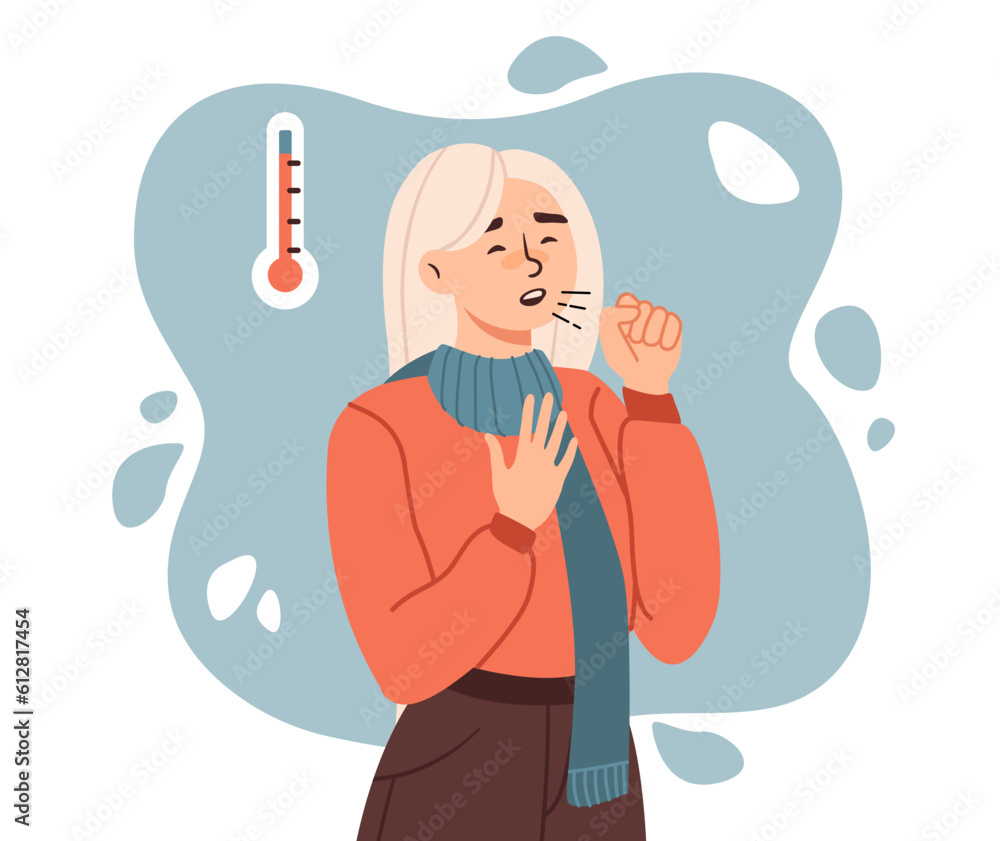 Sick woman with cold and flu concept. Young girl coughs next to thermometer. Character suffering from illness. Fever and viral diseases, coronavirus. Cartoon flat vector illustration - obrazy, fototapety, plakaty 