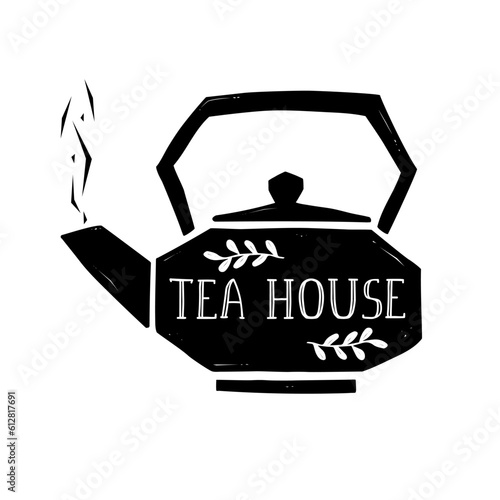 Vector illustration Tea House with lettering. Black tea pot with hand written inscription