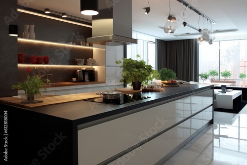 Modern kitchen counters in modern apartment. Generative AI