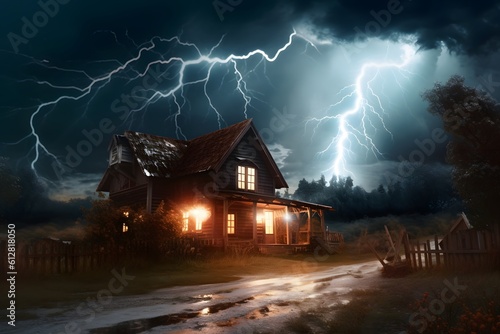 A house being struck by lightning, capturing the dramatic power of nature. Generative AI