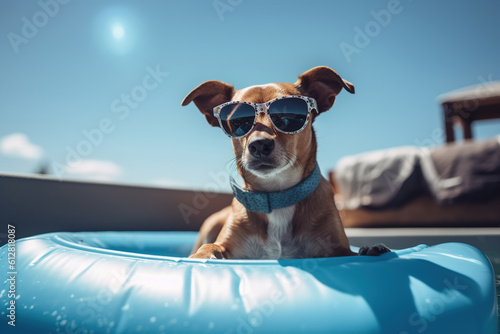 Dog in sunglasses resting on inflatable ring in pool on sunny summer day. Fun cool pet chilling in outdoor pool. Animal Generative AI