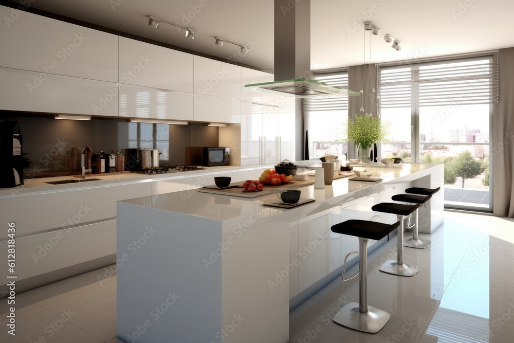 Modern kitchen counters in modern apartment. Generative AI Modern kitchen counters in modern apartment. Generative AI