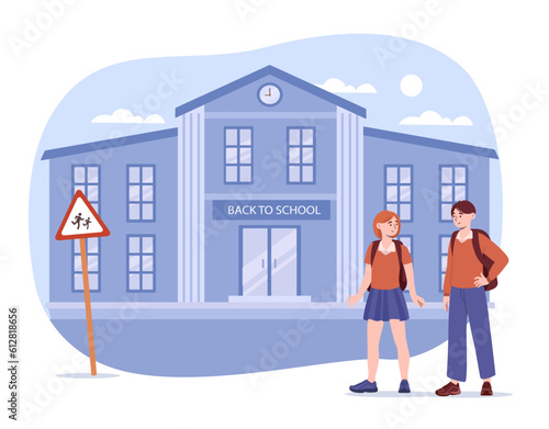 Kids back to school concept. Young guy and girl with backpacks standing near building of school, college or university. Education, learning and training. Cartoon flat vector illustration