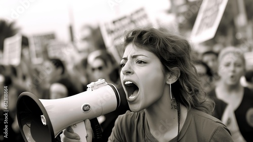 Stampa su tela a woman shouting through megaphone on a workers environmental protest in a crowd in a big city