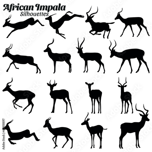 African impala silhouettes vector illustration set.