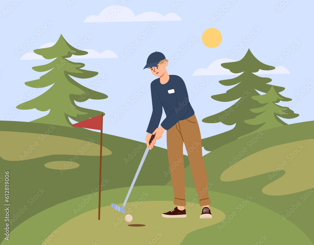 Man play in golf outdoor. Guy stands with stick on hill against backdrop of trees. Active lifestyle and sports. Tournament and competition, athlete and sportsman. Cartoon flat vector illustration Man play in golf outdoor. Guy stands with stick on hill against backdrop of trees. Active lifestyle and sports. Tournament and competition, athlete and sportsman. Cartoon flat vector illustration