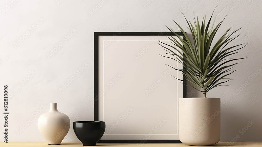 Leeres Bilderrahmen-Template (Rahmenvorlage) mit Vasen und einer Pflanze in einem modernen Innenraum (Generative. AI) Leeres Bilderrahmen-Template (Rahmenvorlage) mit Vasen und einer Pflanze in einem modernen Innenraum (Generative. AI)