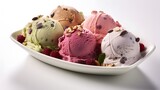 A platter of vibrant and creamy ice cream varieties on Italian gelato. Generative AI