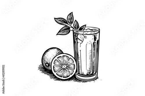 Drink lemonade with lemon and mint hand drawn engraving style vector illustration.