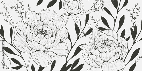 Botanical line bakground with flowers and leaves. Floral foliage for wedding invitation, wall art or card template