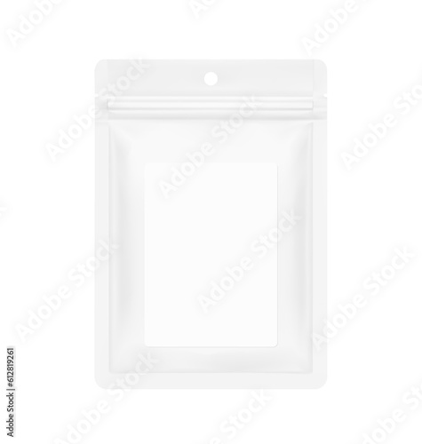 Realistic pouch bag mockup with hole and zip bag. Vector illustration isolated on white background. Front view. Can be use for template your design, presentation, promo, ad. EPS10.