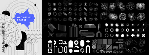 Trendy geometric design elements. Simple shapes forms and frames inspired brutalism, abstract bauhaus and boho cosmic style. Universal star and flower shape, basic form