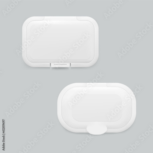 Realistic wet wipe covers for wet wipes packaging set. Front view. Vector illustration. EPS10.