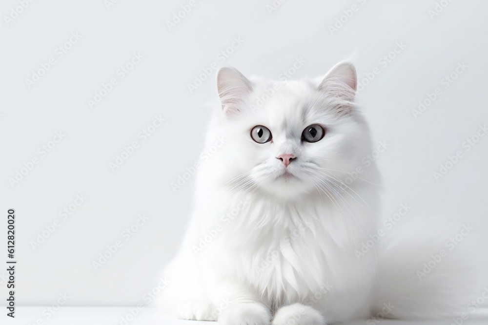 Fototapeta premium Fluffy white cat on white background Generative AI