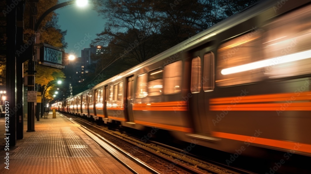 Fototapeta premium train at night in a city driving in motion with light trails at a railway station. Generative AI