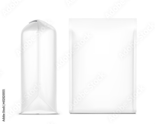 Hyper realistic gusseted flat bottom bag mockup. Front and side view. Vector illustration isolated on white background. Can be use for template your design, presentation, promo, ad. EPS10.
