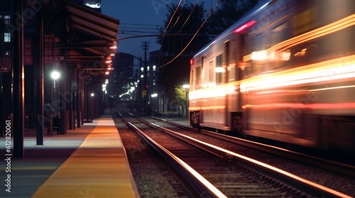 train at night in a city driving in motion with light trails at a railway station. Generative AI © SayLi