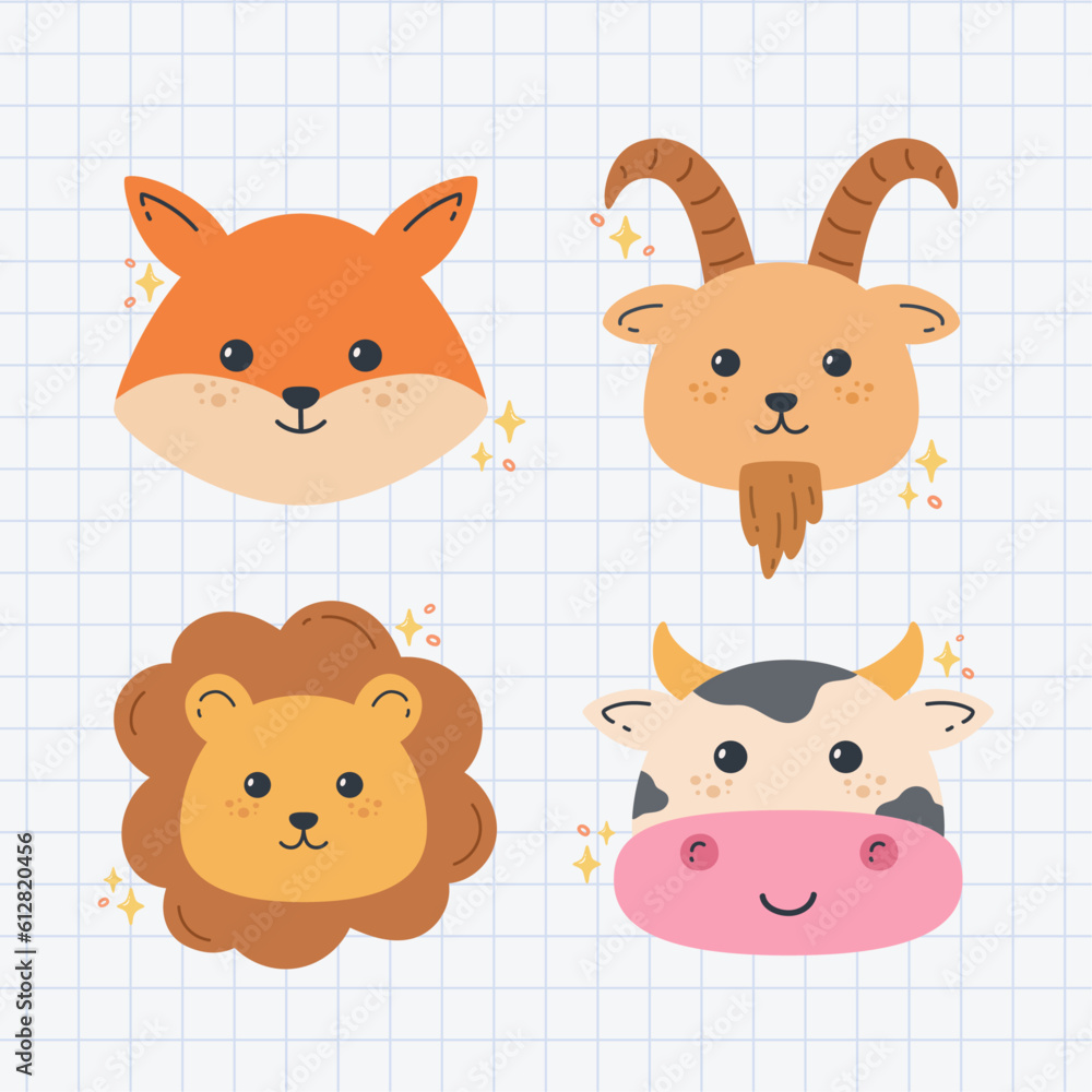 Obraz premium Hand drawn of cute animal head collection vector design illustration