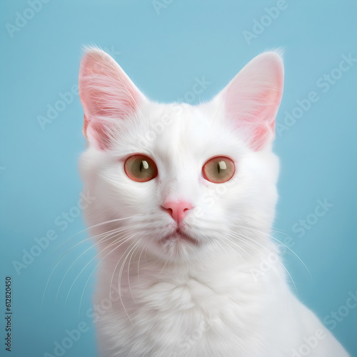 white albino cat portrait isolated on plain blue studio background, made with generative ai