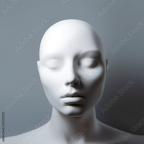 white mannequin dummy head on gray studio background, made with generative ai