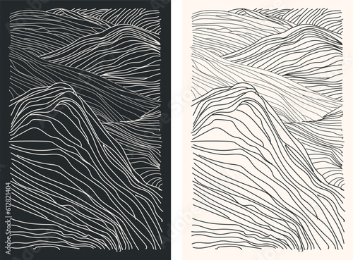 Mountain wave line art print. Abstract vector illustrations of contemporary aesthetic backgrounds featuring breathtaking mountain landscapes.