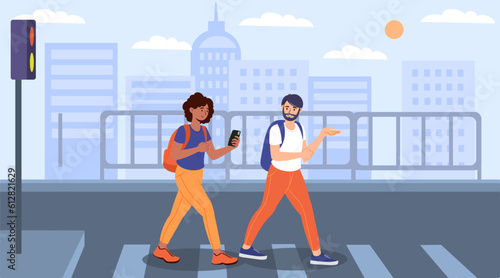 People cross road concept. Man and woman on pedestrian crossing. Urban infrastructure and citizens. Young guy and girl crossing continental crosswalk. Cartoon flat vector illustration