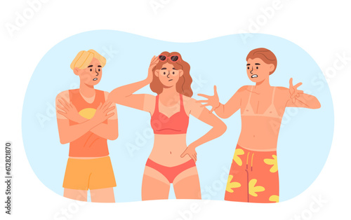People get sunburned concept. Men and women in swimsuits on beach. Ultraviolet rays and negative effects of sunbathing. Ultraviolet radiation and cancer. Cartoon flat vector illustration