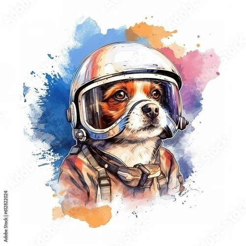 Cute dog wearing auto helmet on grunge watercolor background. illustration art.