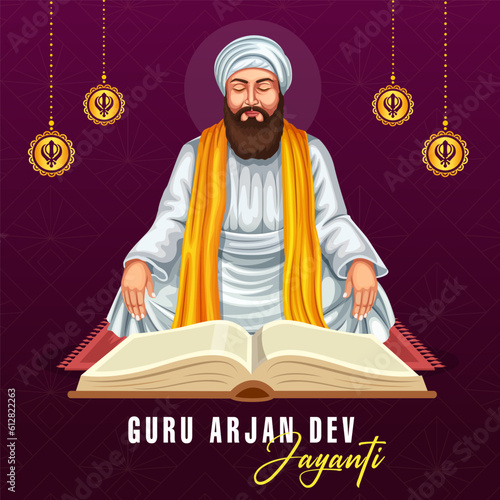 Guru Arjan Dev Ji birth celebration is on 15 April. Guru Arjun Dev portrait, Sikh poster, banner, printable, Sikh Vector in Punjabi Hindi and English