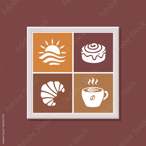 Sun, Cinnamon Rolls, Croissants, and Coffee vector illustrations. Sunshine Bakery and Cafe on Frame. Brunch lifestyle design illustration. Usable for wall art prints, stickers, or advertisements.