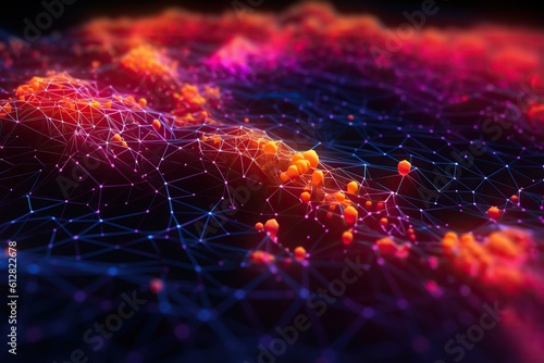 Abstract 3d rendering of network connection structure. Futuristic background. Concept of AI technology, Motion of digital data flow. network concept with moving lines and dots. generative AI © matteo