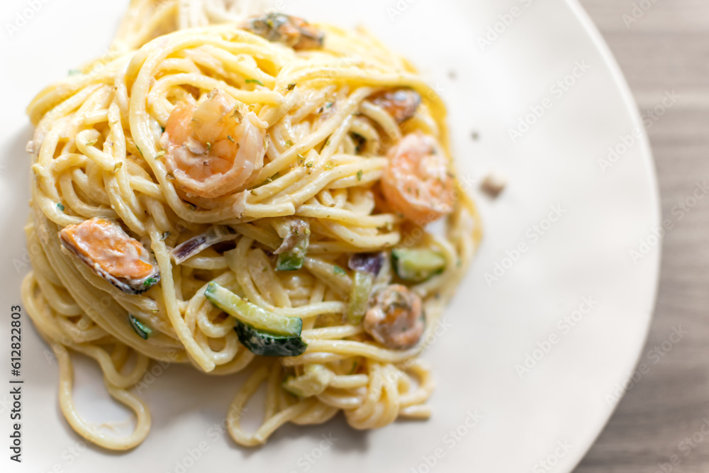 Seafood pasta Spaghetti with Prawns, Shellfish and zucchini