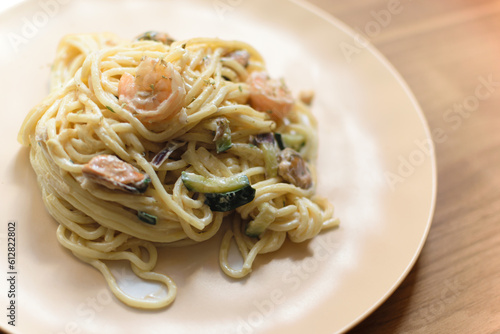 Seafood pasta Spaghetti with Prawns  Shellfish and zucchini