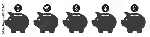 Piggy bank vector set. Money box with different kind of money signs on coin. Dollar, pound, euro, yen, bitcoin savings.