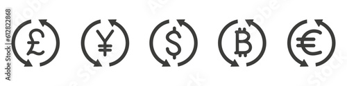Money exchange and cashback icons with round arrows. Financial vector signs