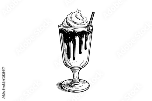 Chocolate milk shake sketch engraving vector illustration. Black and white isolated composition