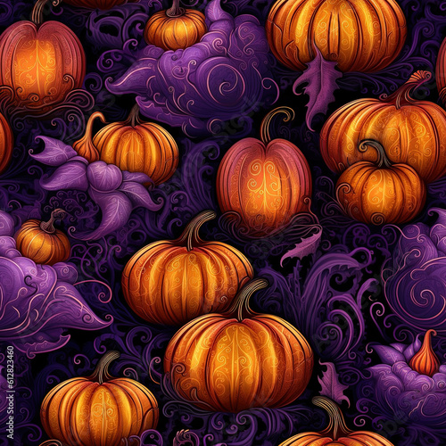 Seamless repetitive pattern with pumpkins and swirls. Colorful beautiful vintage pattern repetition  beautiful background builder for Halloween celebration. Generative AI.