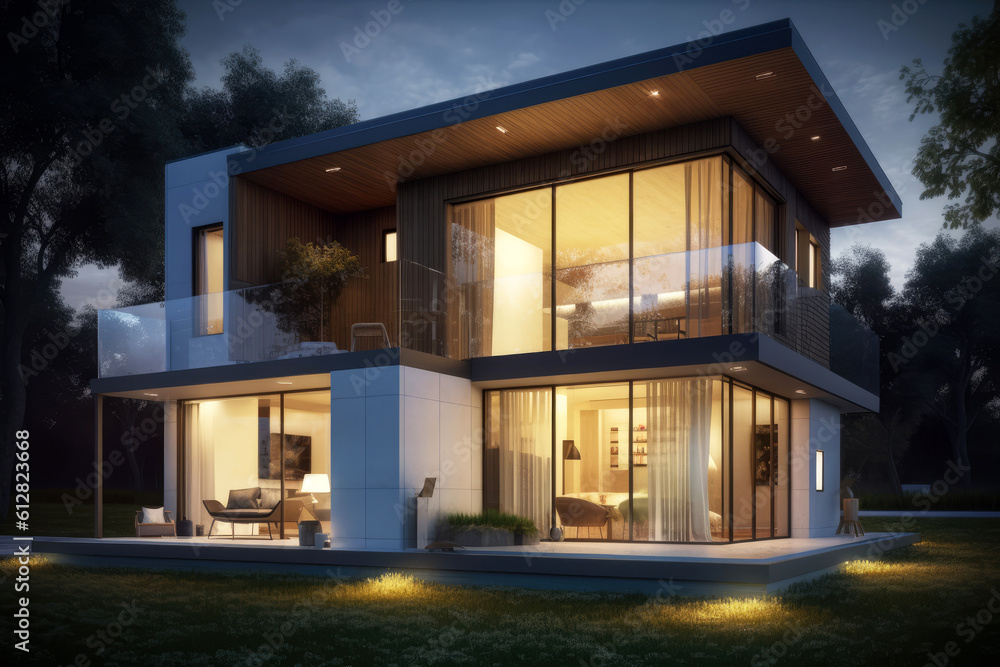 Fototapeta premium haus, architektur, smart, home, modern, fenster, glas, luxus, garten, beleuchtung, netzwerk, gebäude, wohnen, wohnung, bluetooth, gadget, homeoffice, offen, internet, wlan, vernetzung, nacht, licht, s