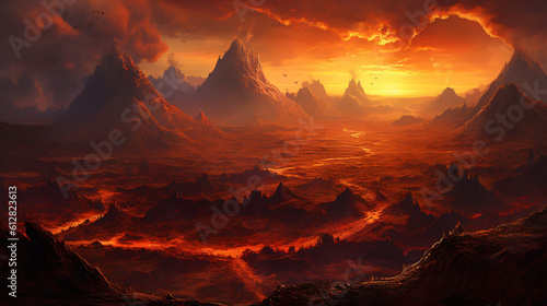 Fantasy landscape with lava and mountains