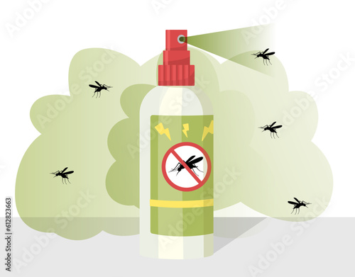 Spray in mosquitoes concept. Bottle with spread to protect skin from insect bites, repeller. Aerosol and reppelent , prevention and protection, safety. Bug killer. Cartoon flat vector illustration